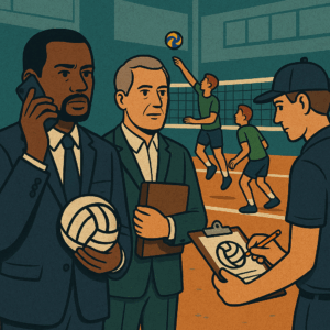 Ilustração de empresários e olheiros observando jovens jogadores de vôlei em ação durante uma partida de avaliação em um ginásio.