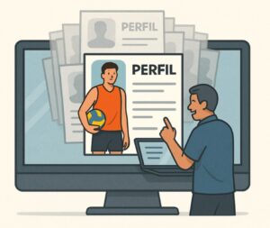 Ilustração de um treinador olhando para um monitor cheio de perfis de atletas, com apenas um perfil destacado em cor viva e o restante em tons acinzentados.