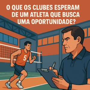Ilustração de um treinador observando atentamente um jovem atleta de vôlei durante uma avaliação em quadra, com expressão séria e prancheta na mão.