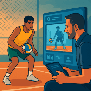 Ilustração de um jovem atleta de vôlei sendo observado remotamente por um treinador por meio de uma tela digital, simbolizando como a tecnologia conecta atletas e clubes.