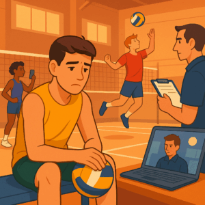 Ilustração de um jovem atleta de vôlei sentado e desanimado, enquanto outros jogadores se promovem ativamente em quadra sob o olhar de um técnico.