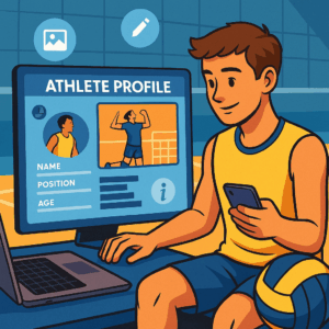 Ilustração de um jovem atleta de vôlei criando um perfil esportivo em um computador, com destaque para dados como nome, posição e fotos de ação.