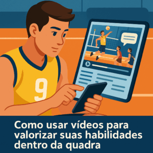 Ilustração de um jovem jogador de vôlei analisando um vídeo de sua performance em um tablet, com destaque para cenas de jogo e comentários visuais.