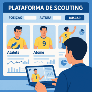 Ilustração de uma plataforma de scouting esportivo com perfis de atletas de vôlei, filtros de busca por posição e altura, e gráficos de desempenho.