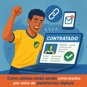 Ilustração de um atleta comemorando diante de um notebook com a palavra “CONTRATADO” em destaque, representando sua contratação por meio de uma plataforma digital.