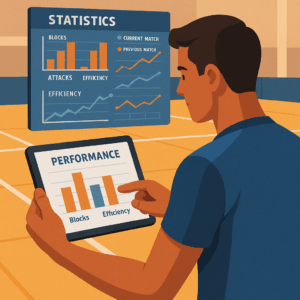 Ilustração de um atleta de vôlei segurando um tablet com gráficos de desempenho, analisando estatísticas como eficiência e bloqueios em uma quadra esportiva.