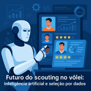 Ilustração de um robô interagindo com telas digitais que exibem dados de atletas de vôlei, gráficos de performance e estrelas de avaliação.