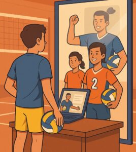 Ilustração de jovens atletas de vôlei olhando para um espelho que reflete suas versões mais velhas como profissionais, com uniforme e postura confiante.