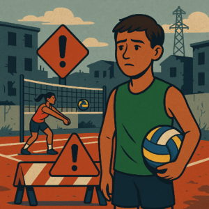 Ilustração de um jovem jogador de vôlei com expressão triste segurando a bola, diante de obstáculos simbólicos, enquanto uma colega treina ao fundo em uma quadra simples ao ar livre.