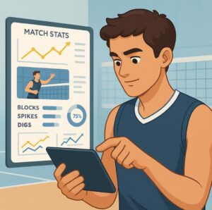 Ilustração de um jogador de vôlei analisando estatísticas de performance em um tablet, com gráficos visíveis de bloqueios, ataques e aproveitamento.
