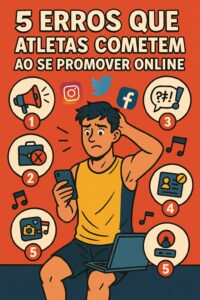 Ilustração de um jovem atleta confuso ao usar o celular, cercado por ícones que representam cinco erros comuns na autopromoção online, como exagero, falta de profissionalismo e perfis desatualizados.