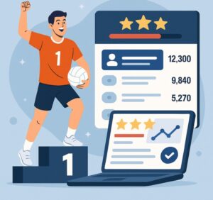 Ilustração de um jogador de vôlei comemorando em um pódio digital, ao lado de rankings online com estrelas, números de visualizações e gráficos de desempenho.