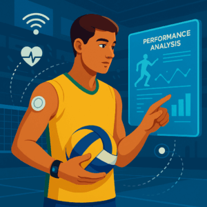 Ilustração de um jovem atleta de vôlei sentado com um notebook no colo e celular na mão, cercado por ícones de redes sociais e símbolos de engajamento digital.